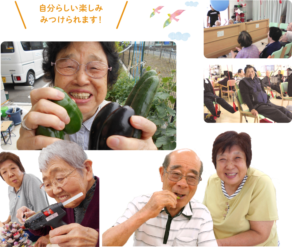 リハビリプラザ深野（大阪府大東市深野のデイサービス）で行っている活動の画像。菜園、野菜の収穫、調理レク、制作活動、スリング体操（レッドコード）、刺繍、縫物、体操